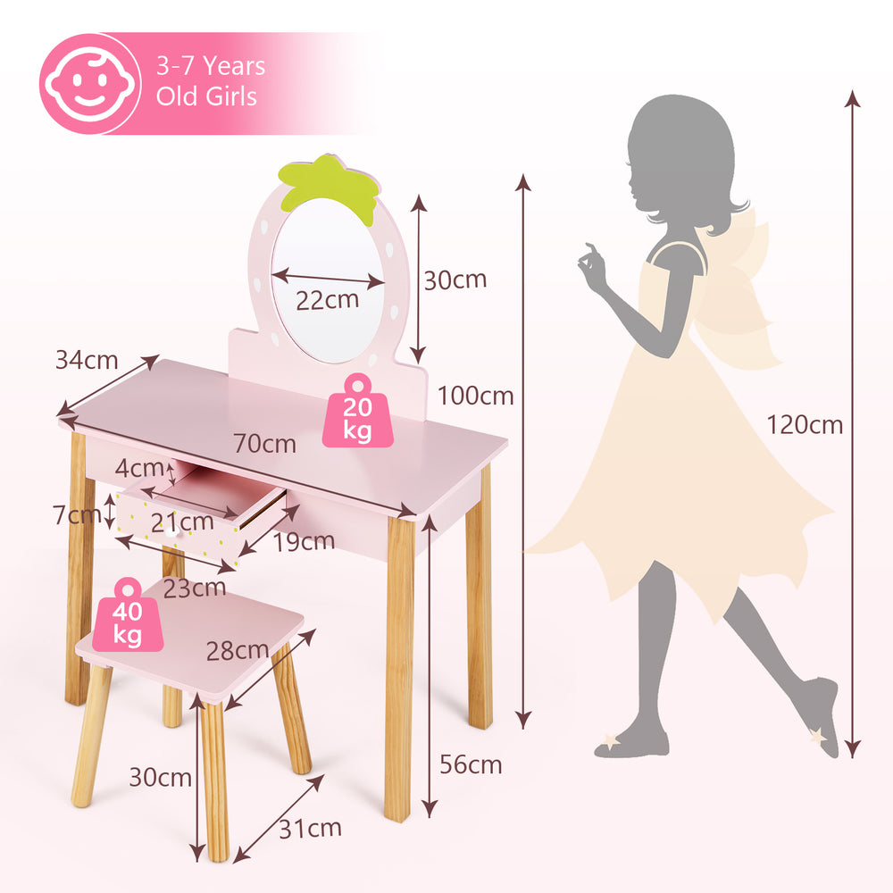 Side view of the pink children's vanity table showing the elegant strawberry-shaped mirror and spacious drawer for.