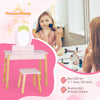 Children's pink vanity table and stool set with removable mirror, made of eucalyptus wood and MDF, perfect for ages 3-7.