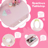 Spacious pink tabletop of the 2-in-1 children's vanity set with a strawberry-shaped mirror and large capacity drawer.