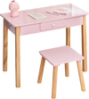 Children's pink vanity table and stool set with removable mirror, made of eucalyptus wood and MDF, ideal for ages 3-7.