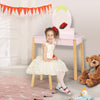 Children's pink vanity table and stool set with removable strawberry mirror, perfect for ages 3-7, featuring ample.