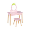 Children's pink vanity table and stool set with removable strawberry-shaped mirror and ample storage for beauty.
