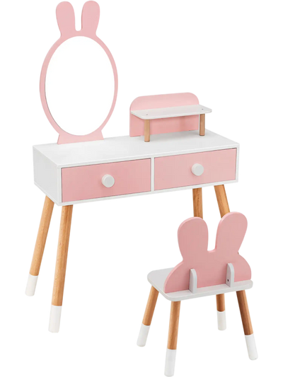 Costway Kids Vanity Table Chair Set Rabbit Mirror Drawer Shelf 32076954 New
