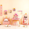Kids princess vanity table and stool set in pink with drawer and mirror, featuring a cute castle theme for ages 3+.