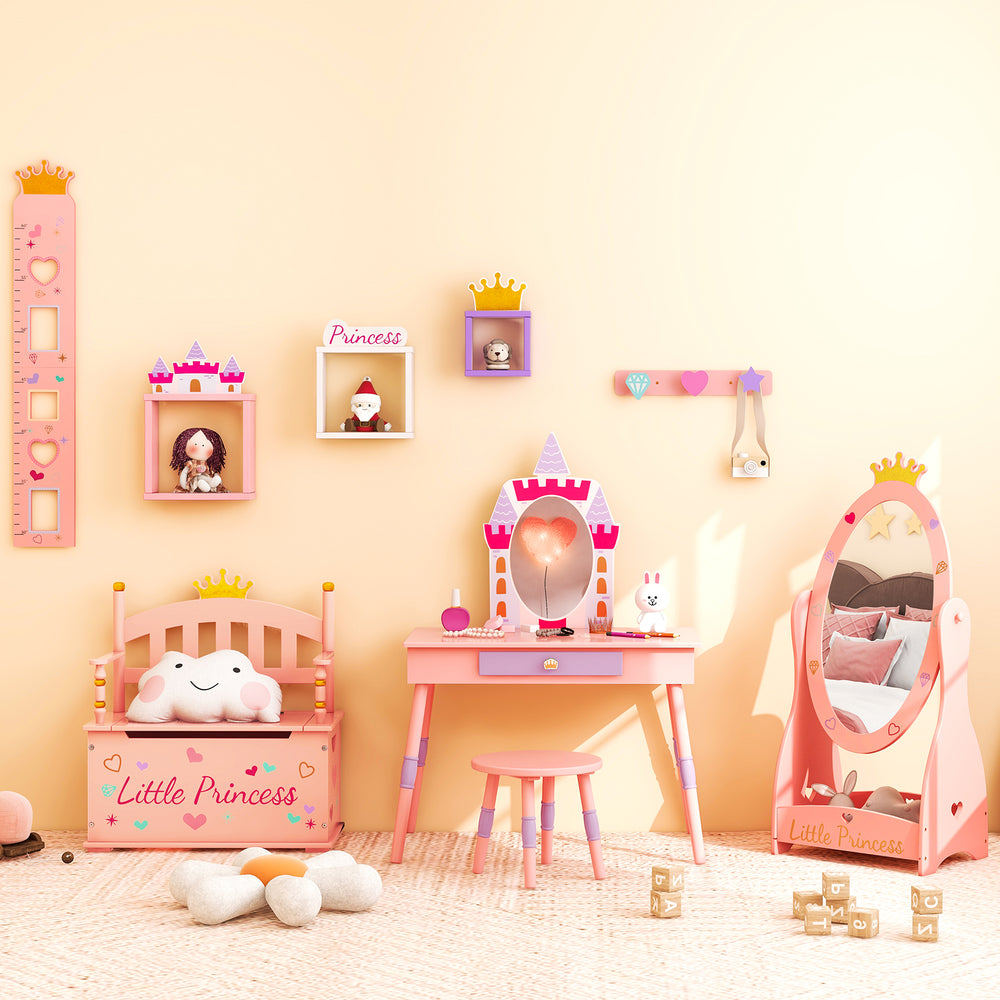 Kids princess vanity table and stool set in pink with drawer and mirror, featuring a cute castle theme for ages 3+.