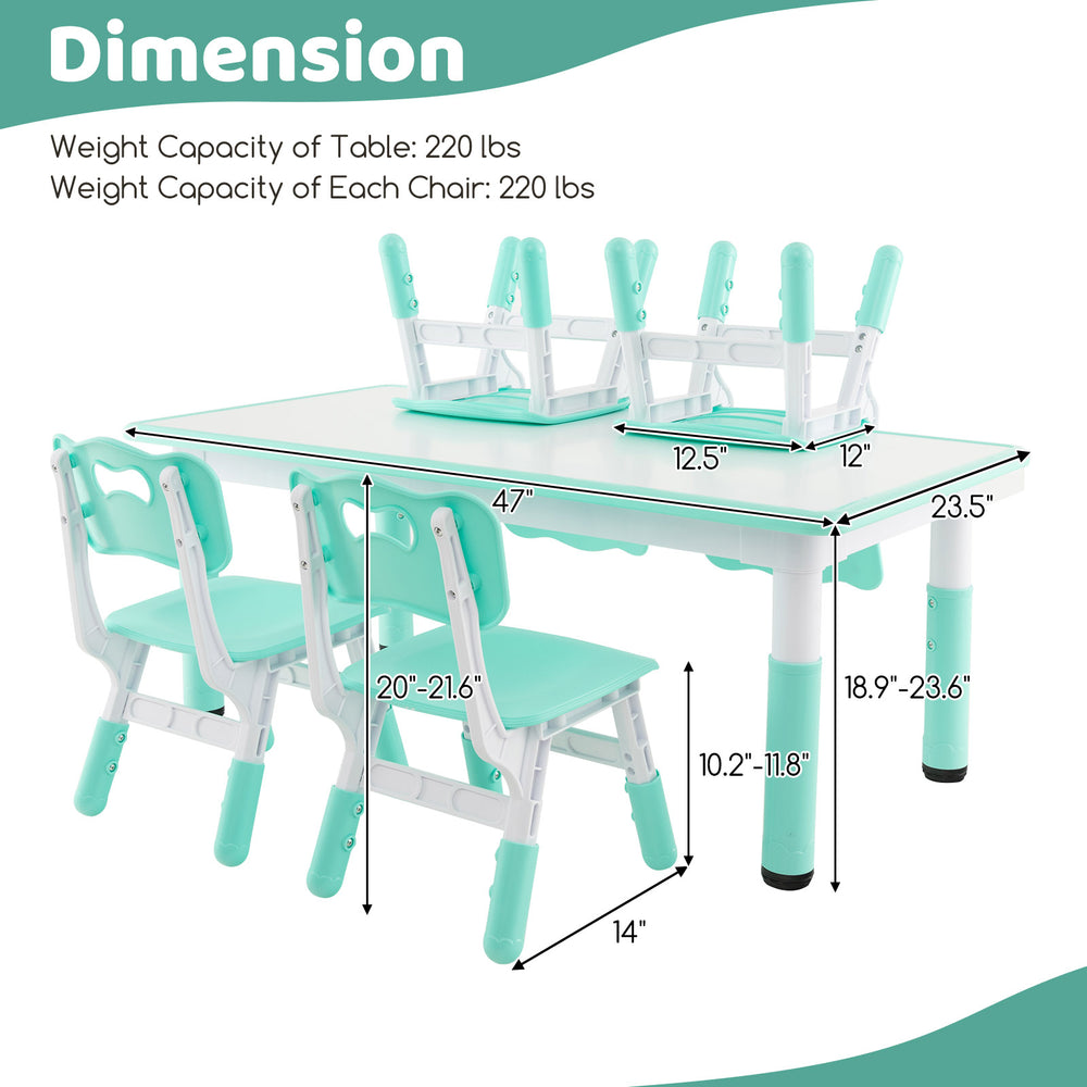 Dimensions of the kids table and chairs set in green, showing weight capacities and adjustable heights for versatile.