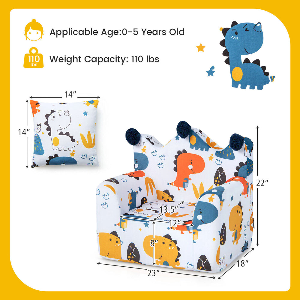 Kids sofa with armrest in blue, featuring high-density padding and a playful dinosaur design, perfect for children's.