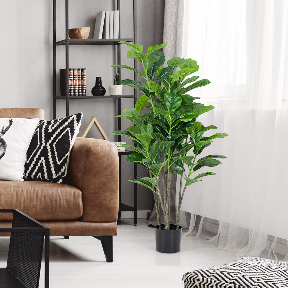 Single 51-inch artificial fiddle leaf fig tree with a full appearance in a black pot, ideal for stylish indoor.