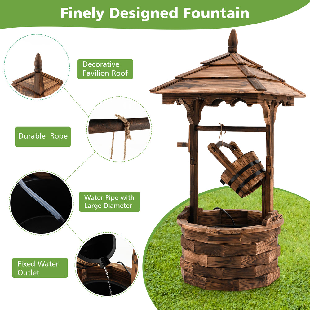 Patio wooden water fountain with electric pump, featuring a decorative pavilion roof and durable carbonized fir wood.