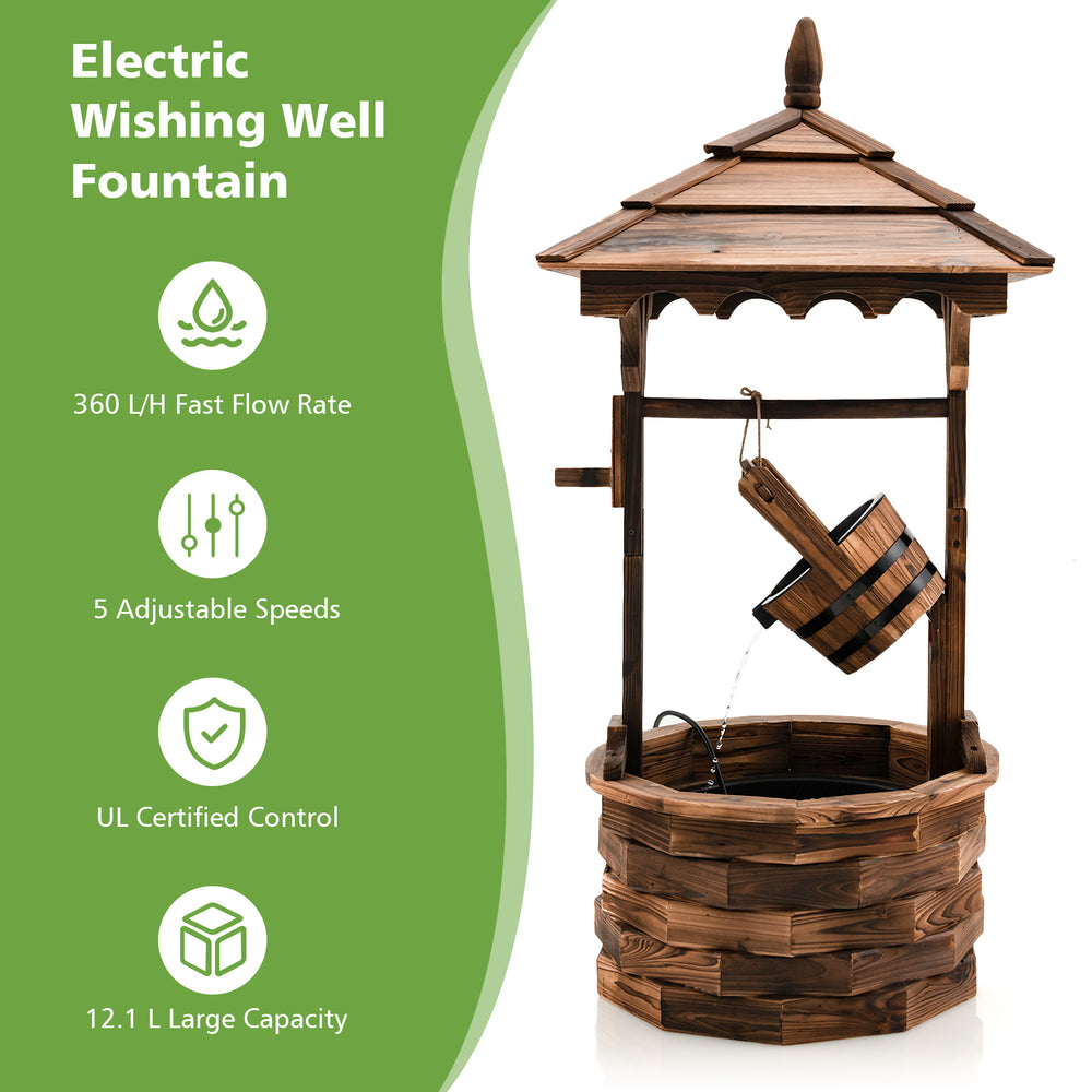 Patio wooden water fountain with electric pump, featuring a 12.1L capacity and 5 adjustable flow rates for outdoor.
