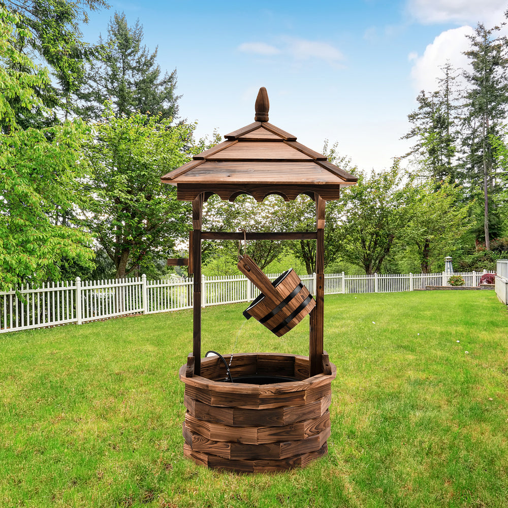 Wooden water fountain with electric pump, brown carbonized fir, featuring a detachable bucket and decorative pavilion.