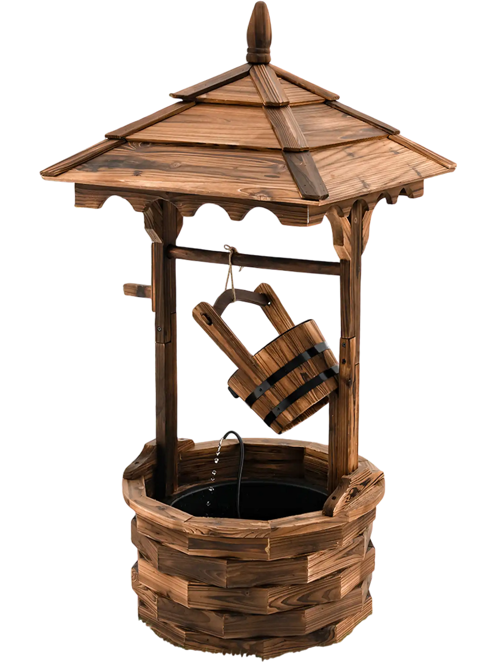Patio wooden water fountain in brown with electric pump, featuring a decorative pavilion and large capacity bucket for.