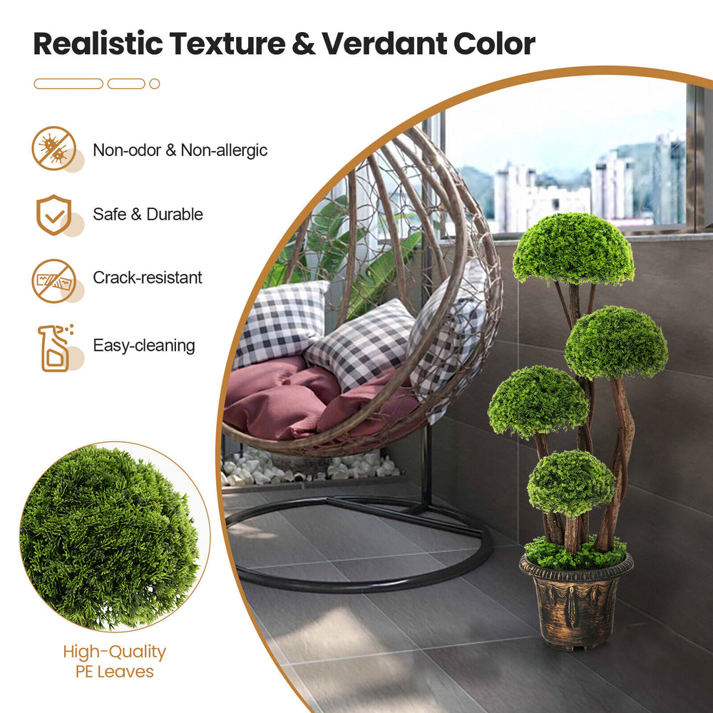 3 feet decorative artificial cedar topiary tree with rattan trunk and realistic PE leaves for indoor and outdoor decor.