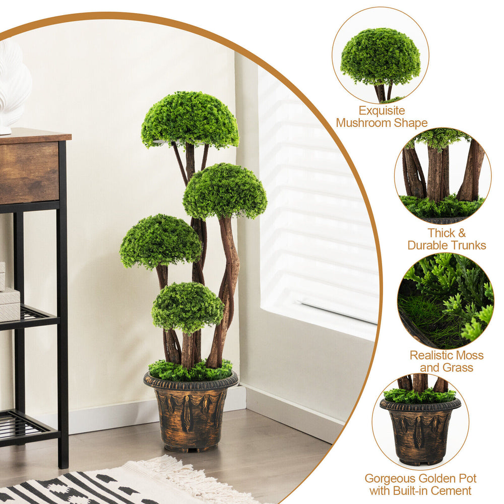 Decorative 3 feet artificial cedar topiary tree with rattan trunk, featuring realistic moss and a stable cement-filled.