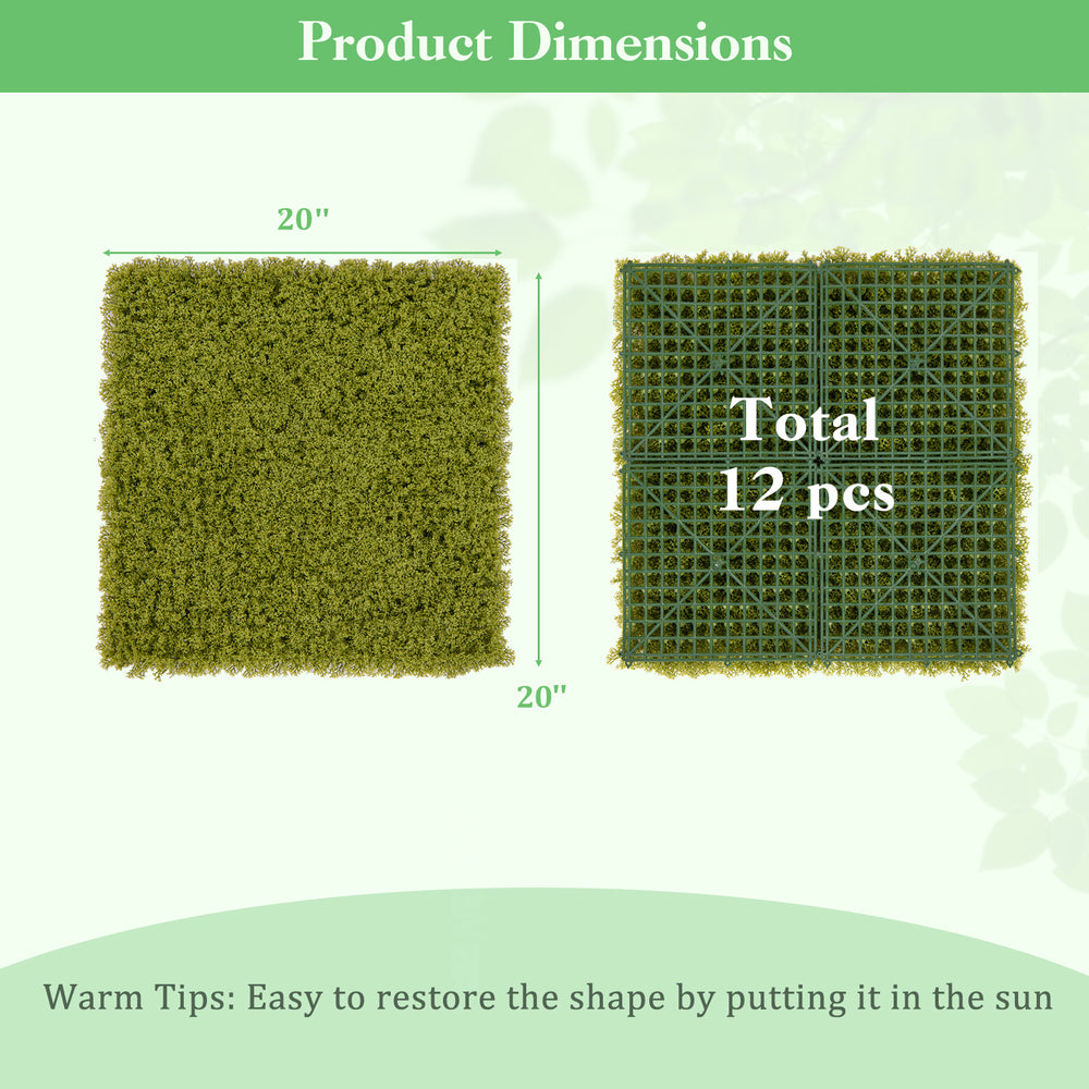 20 x 20 inches artificial grass wall panels in light green, showcasing product dimensions and total of 12 pieces for.