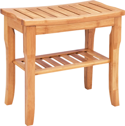 Costway Bamboo Shower Chair Bench with Storage Shelf 03798241 New
