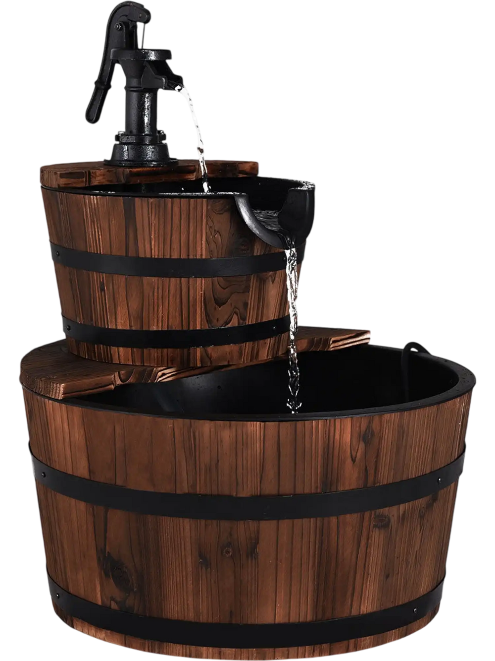 2-Tiers Outdoor Wooden Barrel Waterfall Fountain with Pump
