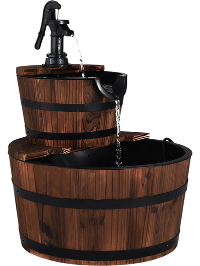 Costway 2-Tier Outdoor Wooden Barrel Waterfall Fountain with Pump 35981264 New