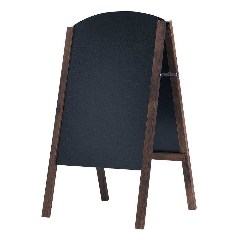 Wood A-frame sidewalk signage chalkboard with double-sided design for advertising and announcements, featuring a sturdy.