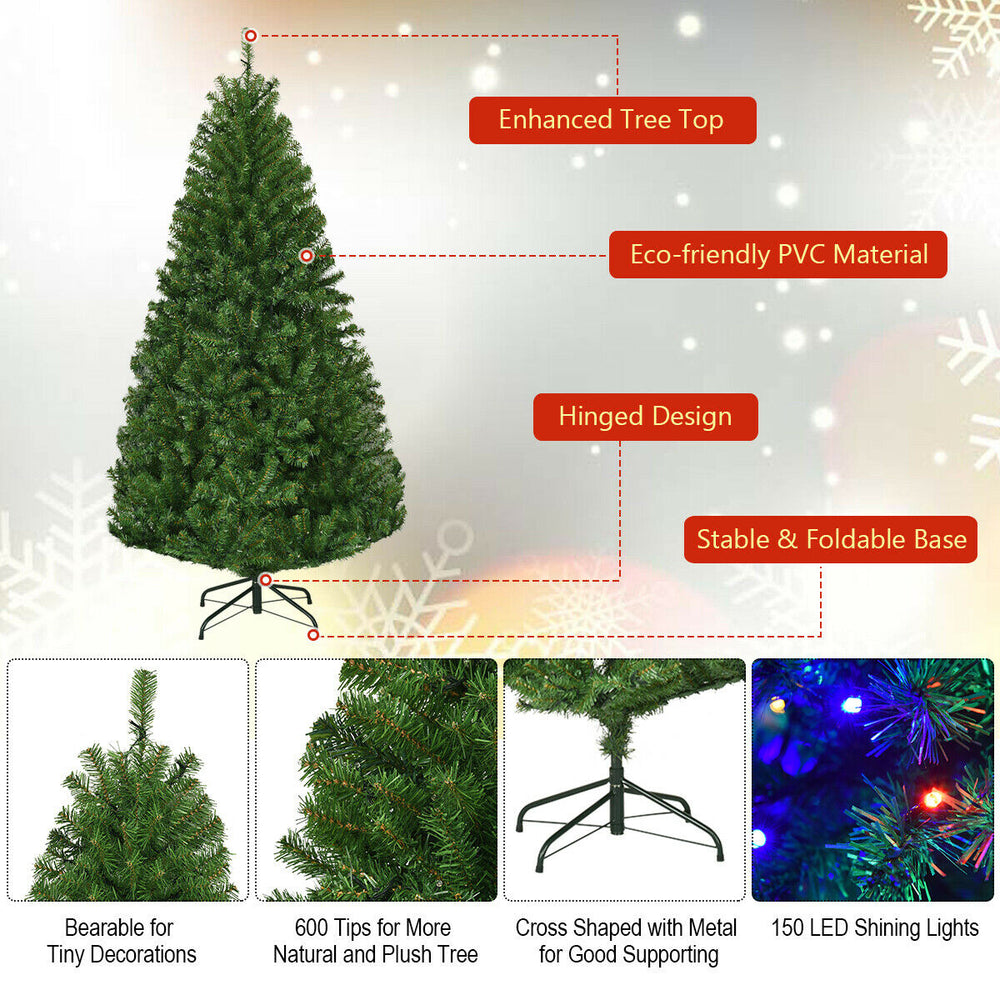 5 ft artificial Christmas tree with hinged design, dense PVC needles, and 150 pre-lit LED lights for festive decor.