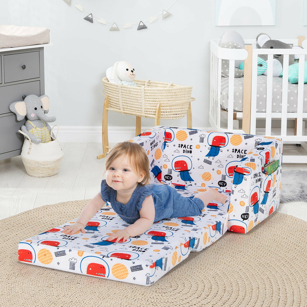 Convertible kids sofa in playful cartoon design, featuring velvet fabric and side pockets for snacks, perfect for.