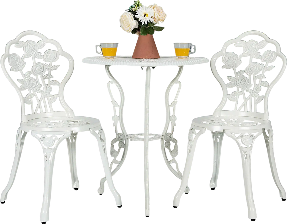 Outdoor cast aluminum patio furniture set with rose design in white, perfect for garden or balcony relaxation.