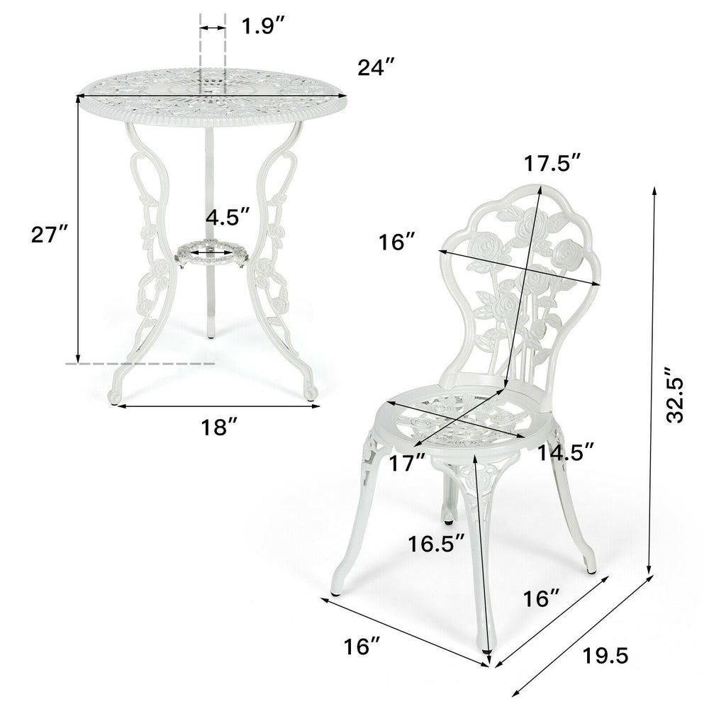 White outdoor cast aluminum patio furniture set with rose design, featuring a table and chair, ideal for garden or.