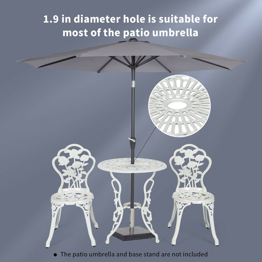 Outdoor cast aluminum patio furniture set with rose design, featuring a 1.9" umbrella hole, perfect for garden or.