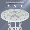 White cast aluminum patio table featuring an elegant rose design, weather-resistant for outdoor use and lasting quality.