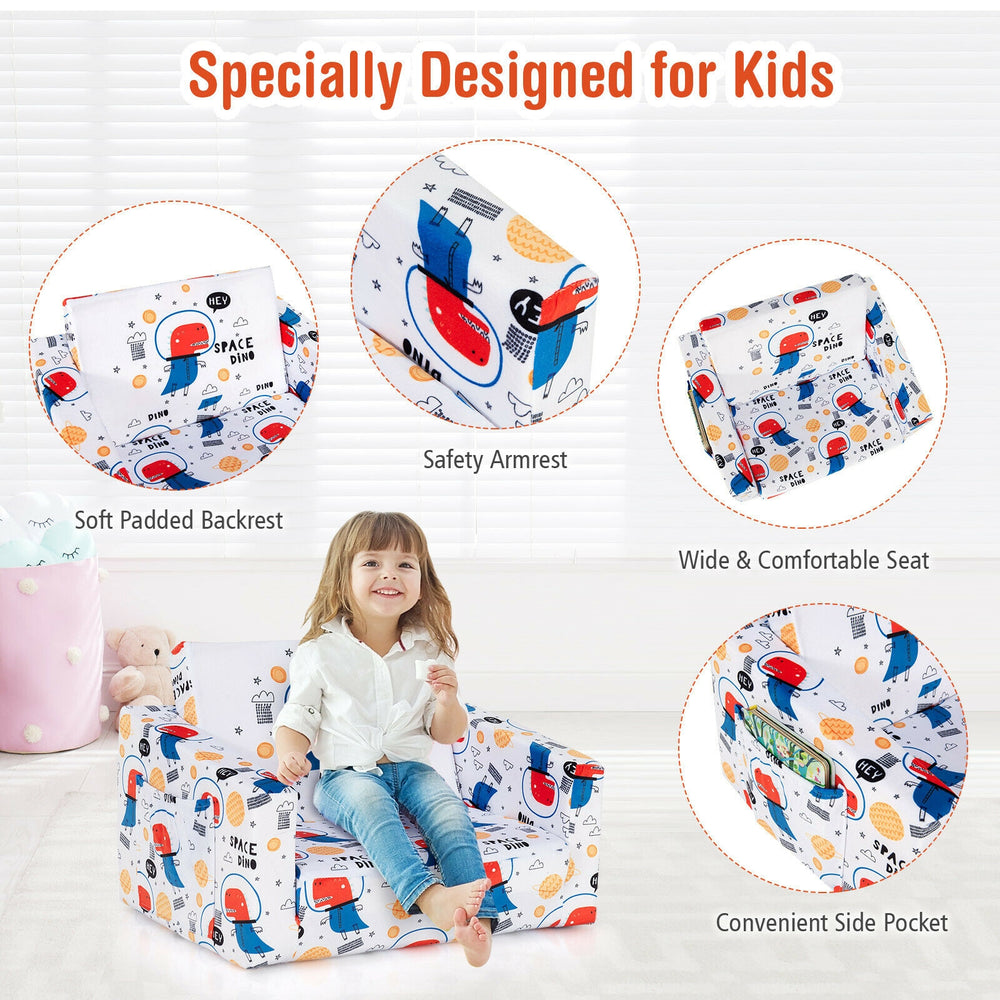Convertible kids sofa with cartoon pattern, velvet fabric, ergonomic design, and side pockets for storage, perfect for.