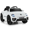 Volkswagen Beetle kids electric ride-on car in white with remote control, lights, and spring suspension for smooth.