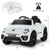 Volkswagen Beetle kids electric ride-on car in white, featuring remote control, lights, and a 66 lbs weight limit for.