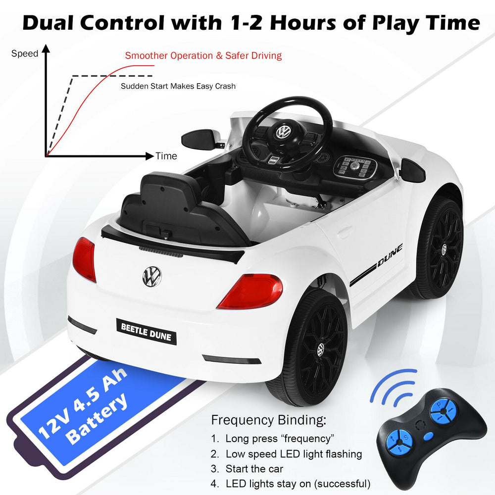 Volkswagen Beetle kids electric ride-on car in white with remote control, featuring lights, sounds, and spring.