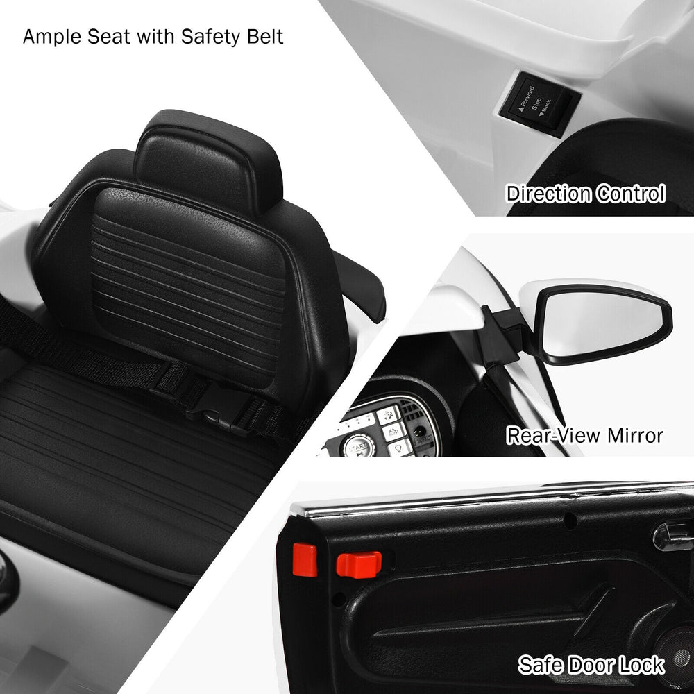 Ample seat with safety belt and rear-view mirror for the Volkswagen Beetle kids electric ride on car.
