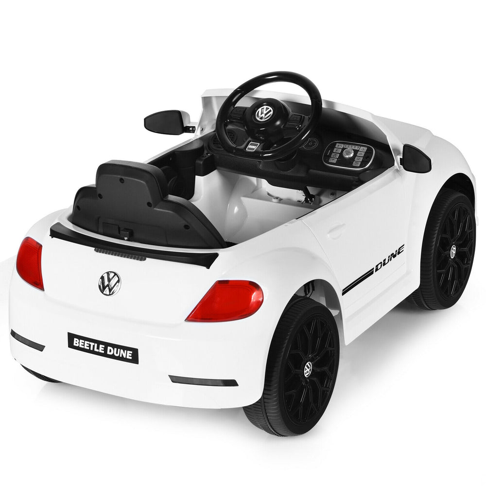 Volkswagen Beetle kids electric ride on car in white with remote control, featuring lights, sounds, and double doors.