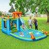 Inflatable water slide and bounce house with slide, splash pool, and water cannons for outdoor fun in the yard.