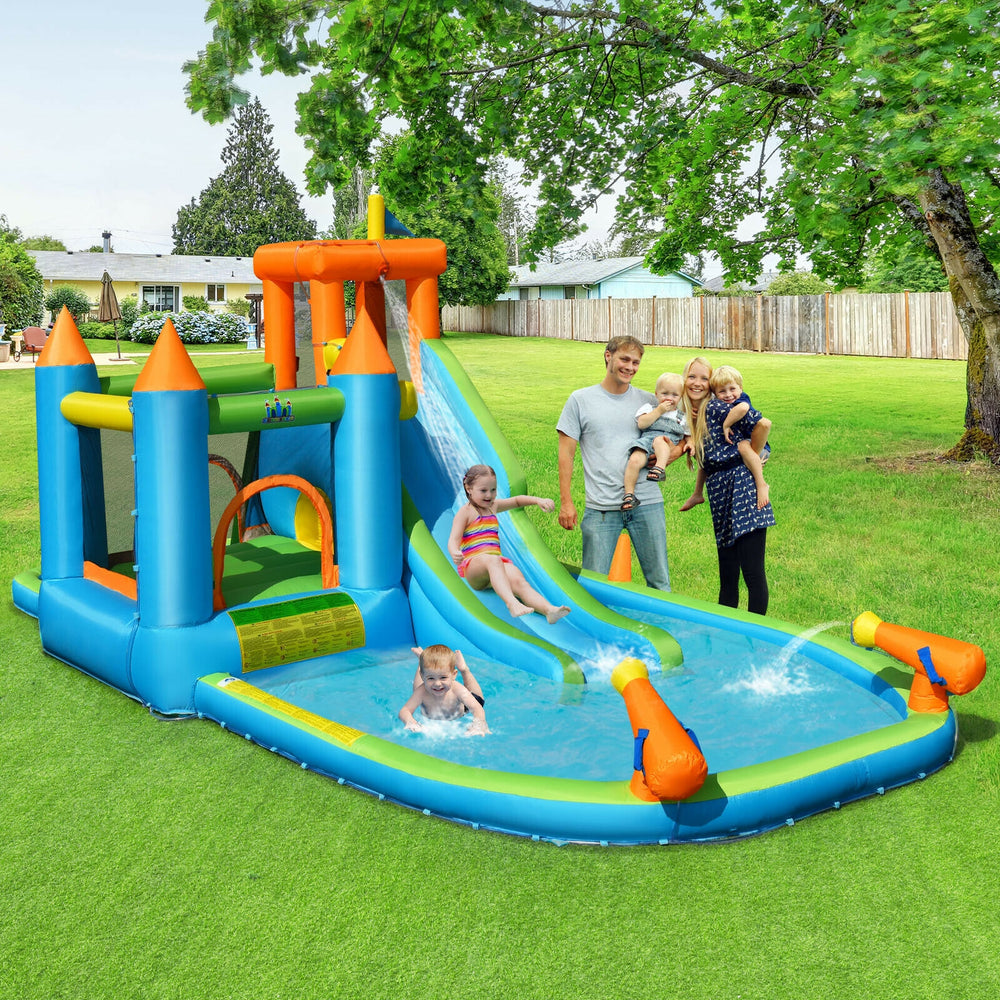 Inflatable water slide and bounce house with slide, splash pool, and water cannons for outdoor fun in the yard.