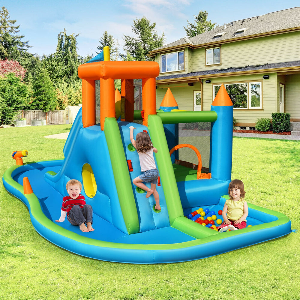 Colorful inflatable water slide bounce house with climbing wall, splash pool, and water cannons for outdoor fun.