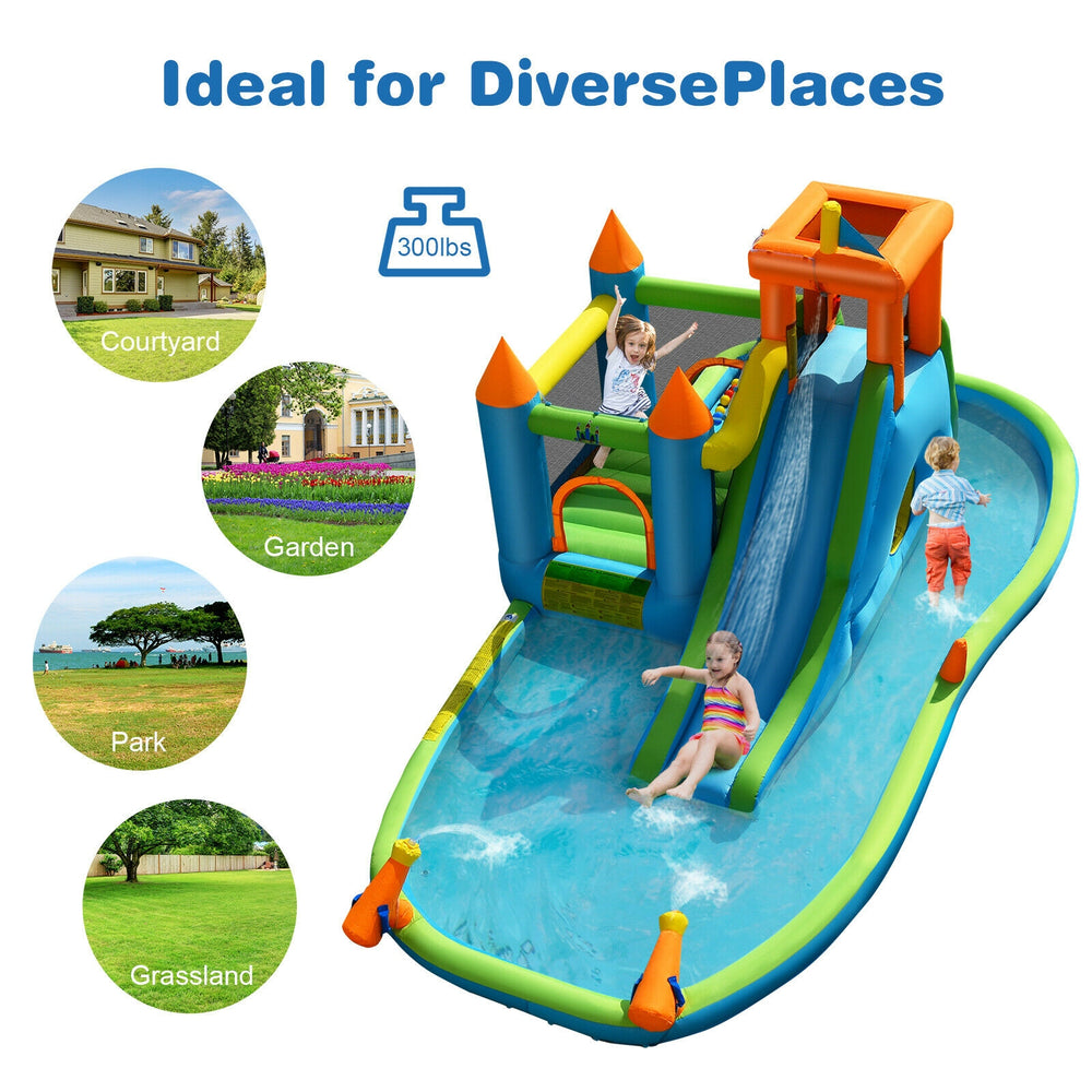 Inflatable water slide and bounce house with splash pool, slide, and water cannons for outdoor fun in gardens and parks.