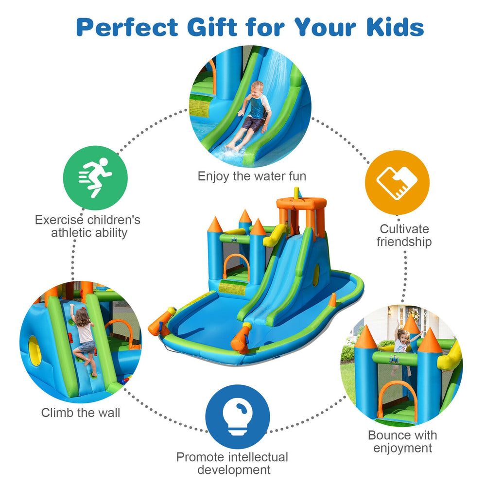 Inflatable water slide bounce house with slide, splash pool, and climbing wall for outdoor fun and children's.