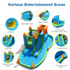 Inflatable water slide with bounce house, large splash pool, climbing wall, and water cannons for outdoor fun.