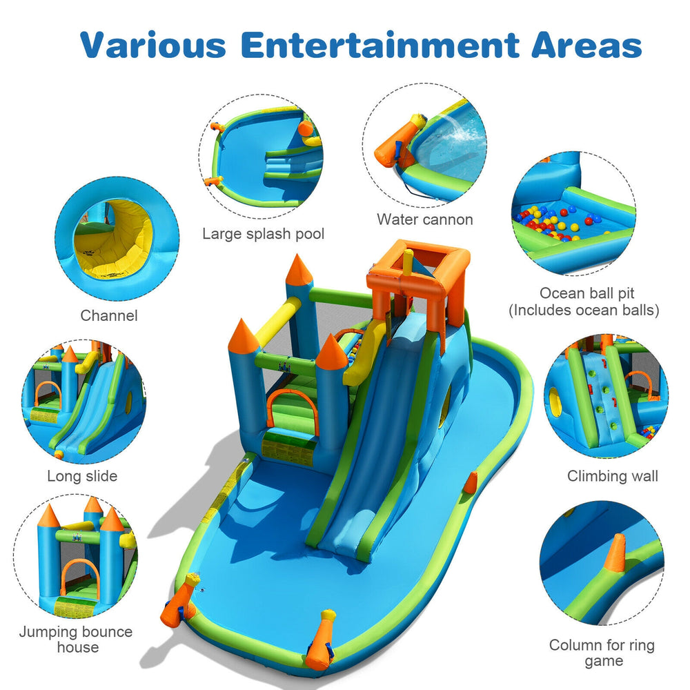 Inflatable water slide with bounce house, large splash pool, climbing wall, and water cannons for outdoor fun.