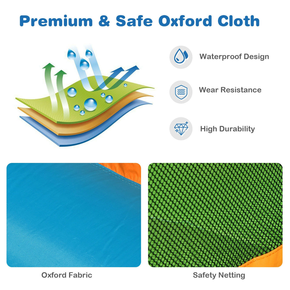 Close-up of durable oxford fabric and safety netting for the inflatable water slide kids bounce house, ensuring safety.