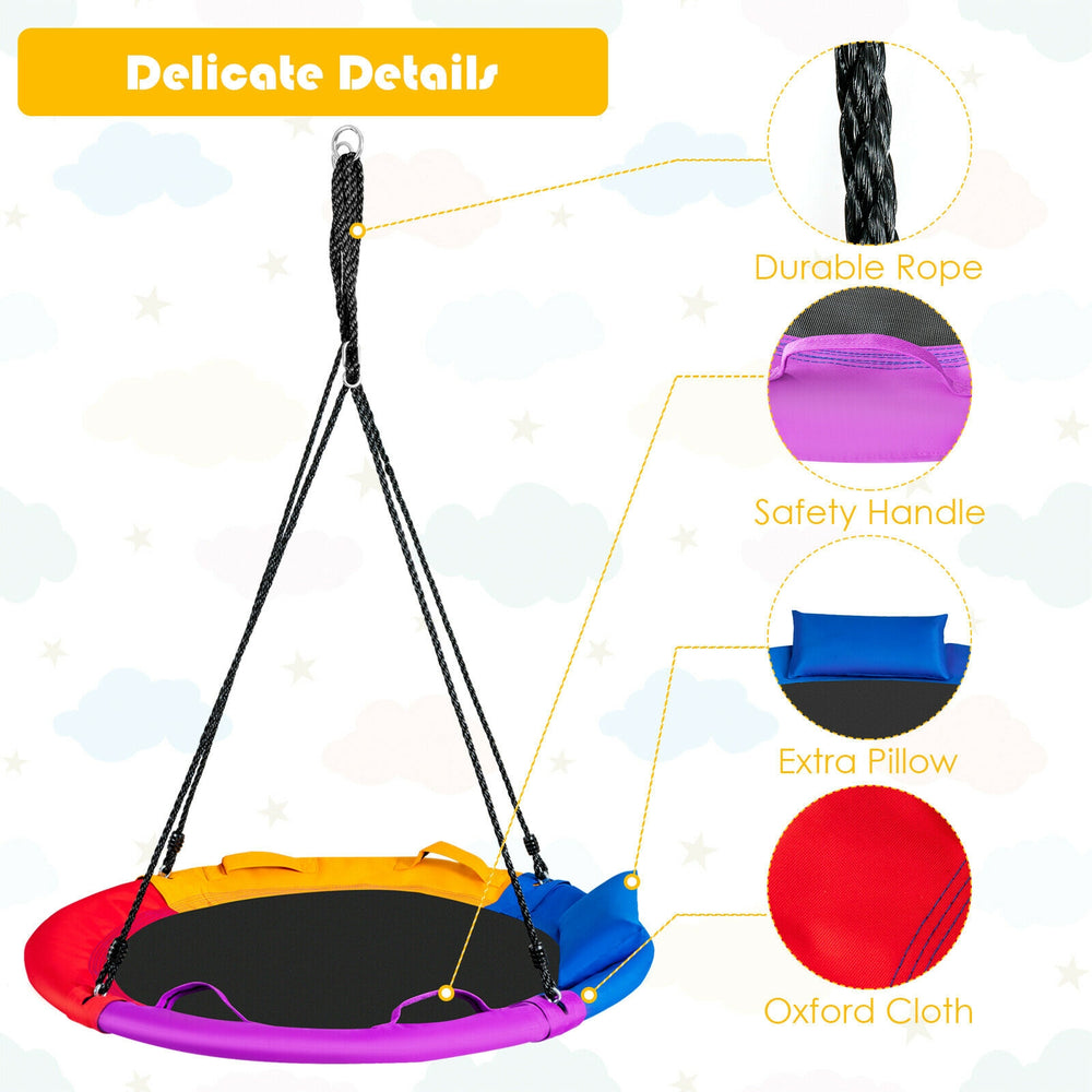40-inch multicolor saucer swing with durable PE ropes, safety handles, and extra pillow for outdoor fun and comfort.