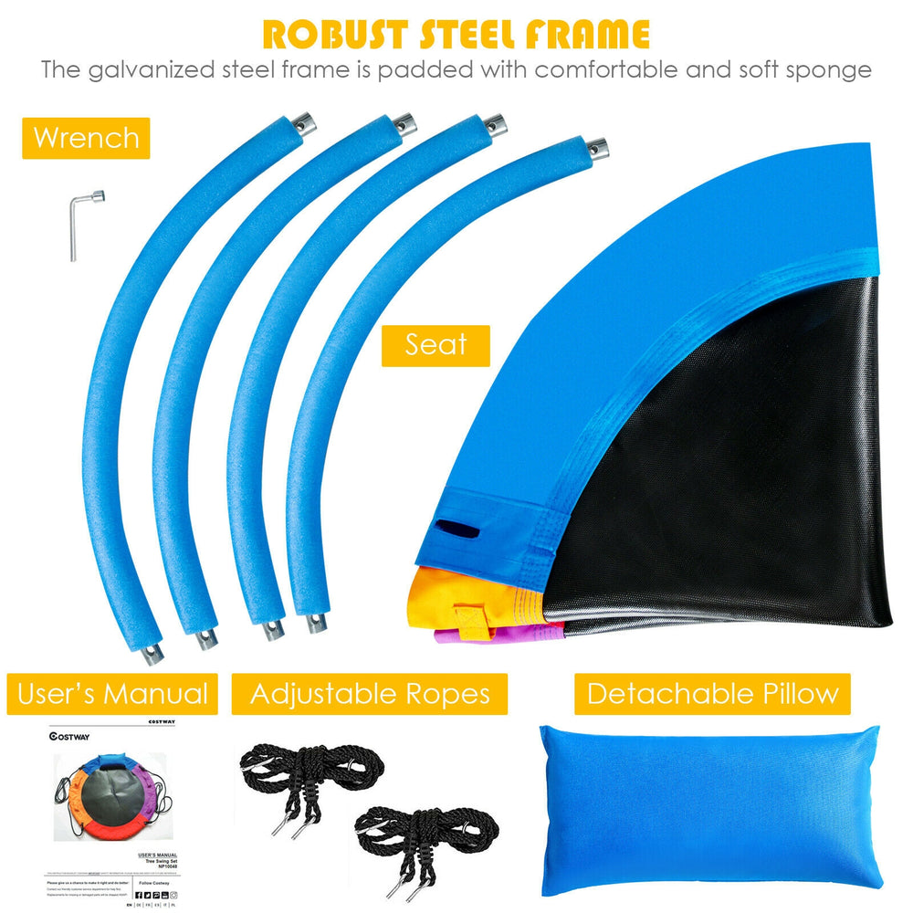 40-inch multicolor saucer swing with pillow and handles, made from durable PE and PP materials for outdoor fun.