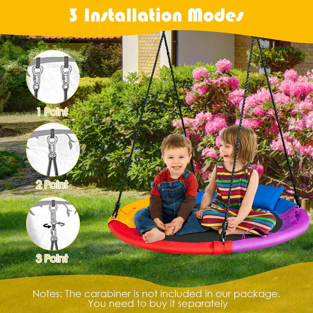 40-inch multicolor saucer swing with pillow and handles, designed for outdoor fun and safety for 2-3 kids.