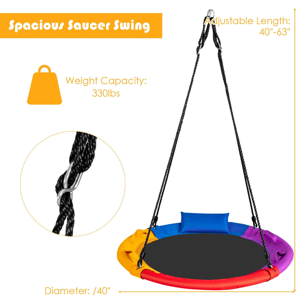 Colorful 40-inch saucer swing with pillow and handles, designed for outdoor use, supports up to 330lbs for backyard fun.
