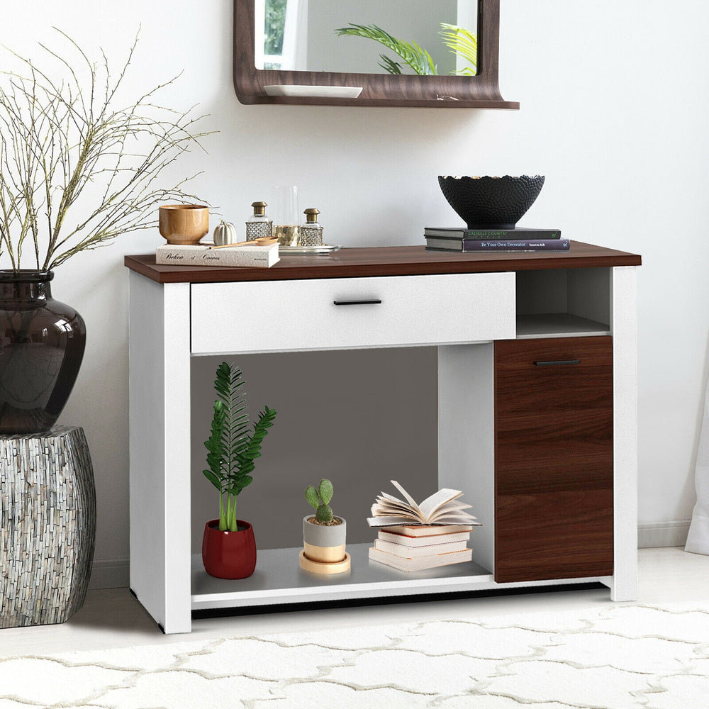 Console table with drawer and cabinet in modern design, featuring adjustable shelf for versatile storage in living room.