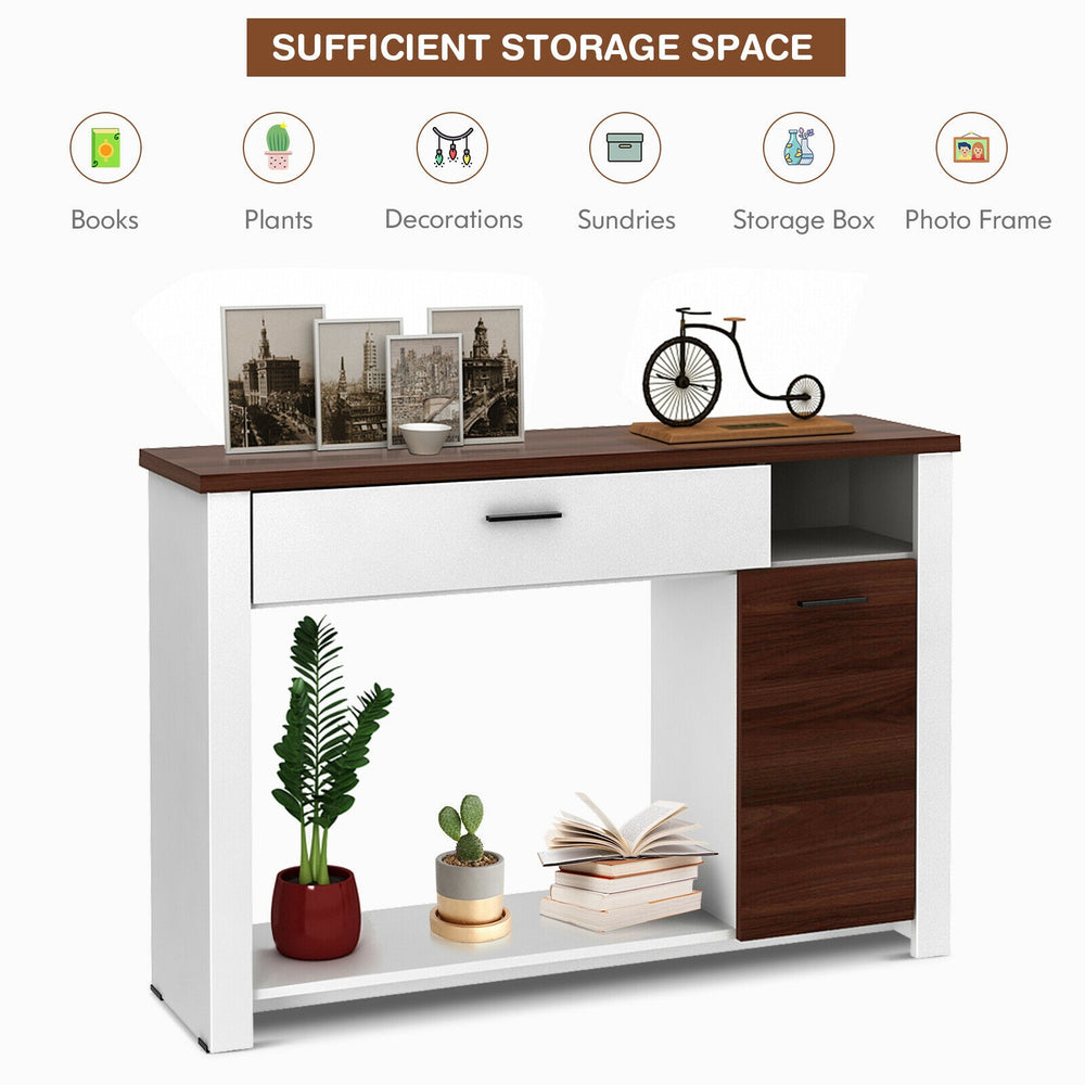 48-inch console table in white and walnut with drawer, cabinet, and shelf for versatile storage in any room.