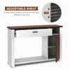 Console table featuring a wide tabletop, drawer, cabinet, and adjustable shelf for versatile storage solutions.